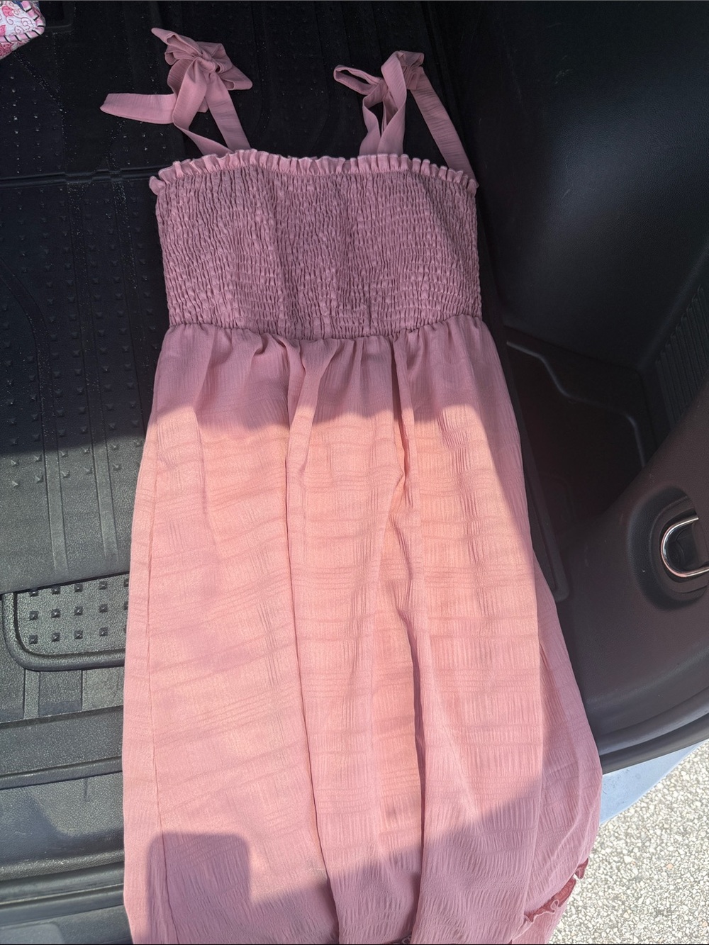 SHEIN Pink Shirred Bodice Tie-Strap Midi Dress